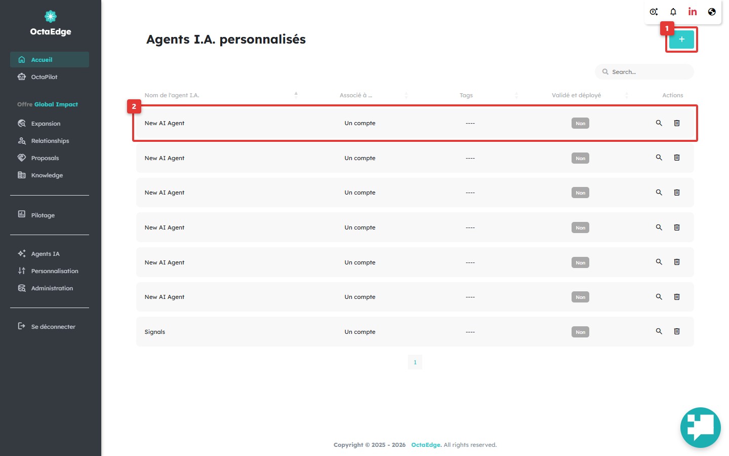 Configuration OctaEdge — liste des agents IA custom et bouton Ajouter.