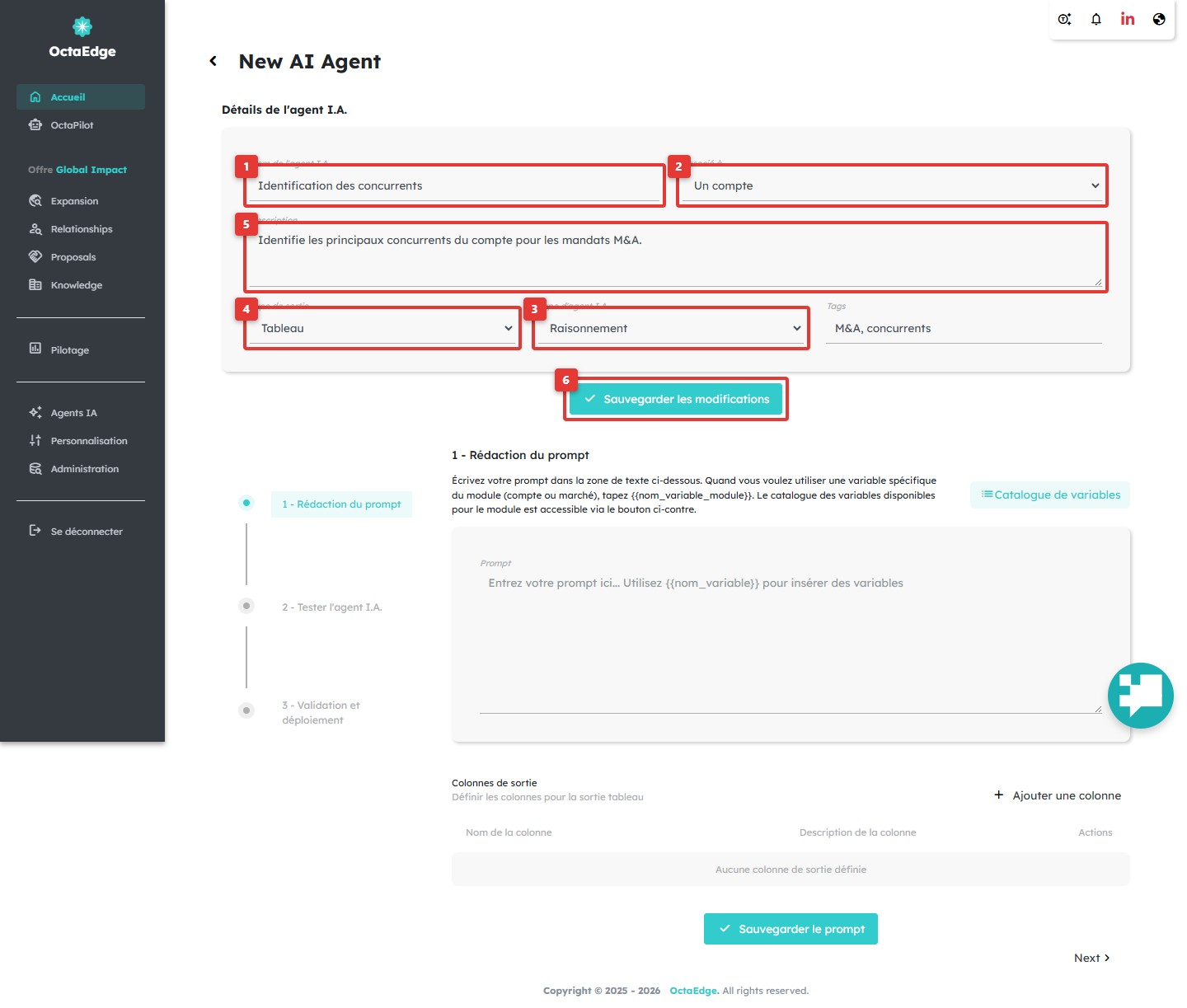Paramétrage de l'agent IA : nom, module Compte, type Raisonnement, format de sortie.