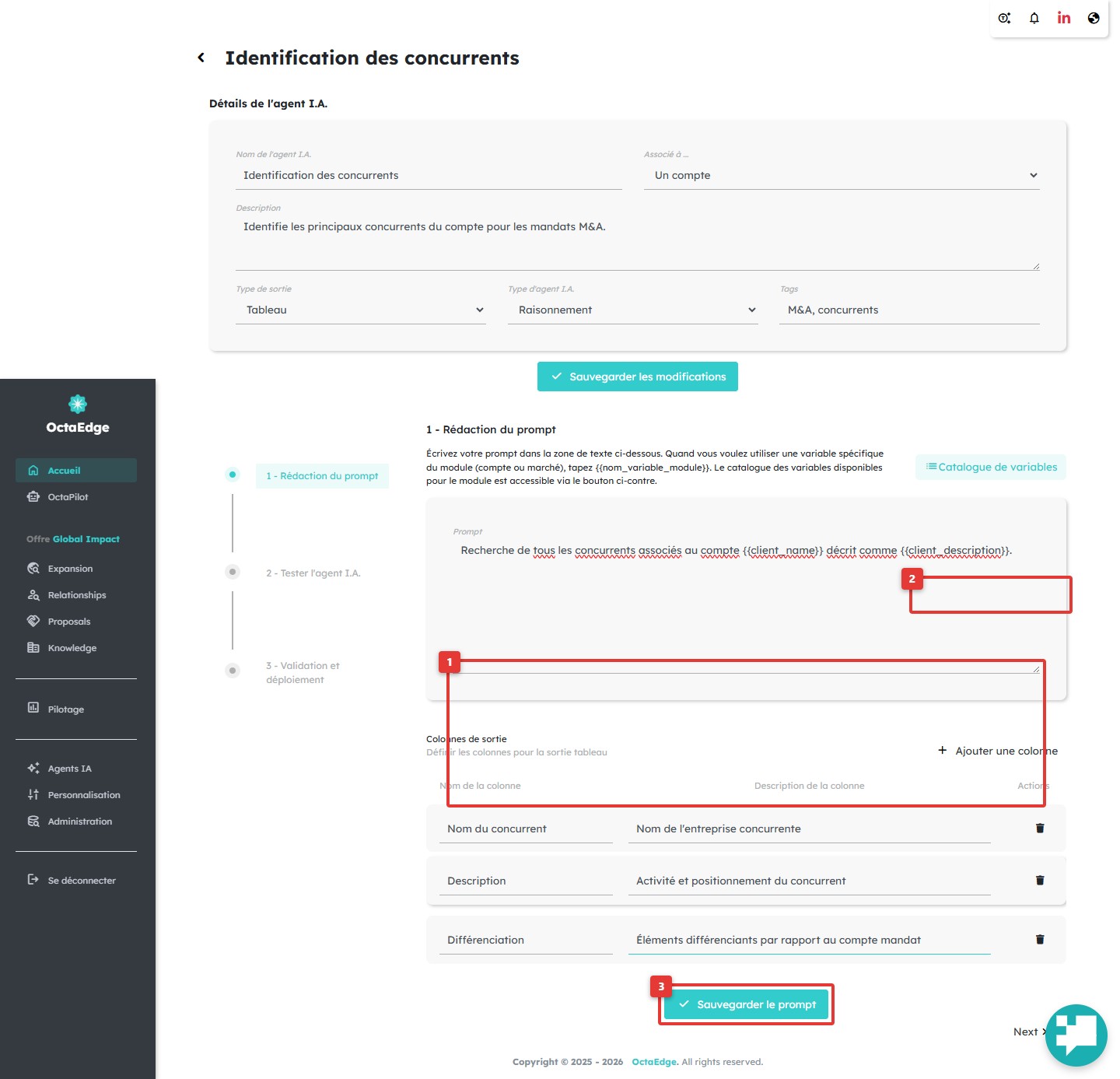Constructeur de prompt avec variables client_name et client_description.