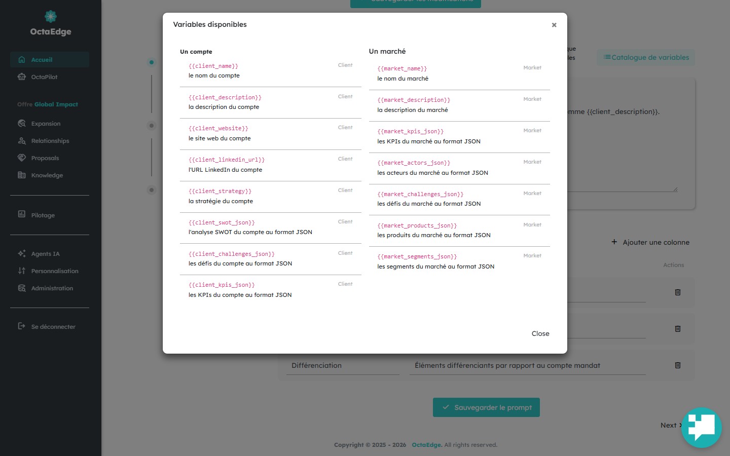 Catalogue des variables disponibles pour le module Compte.