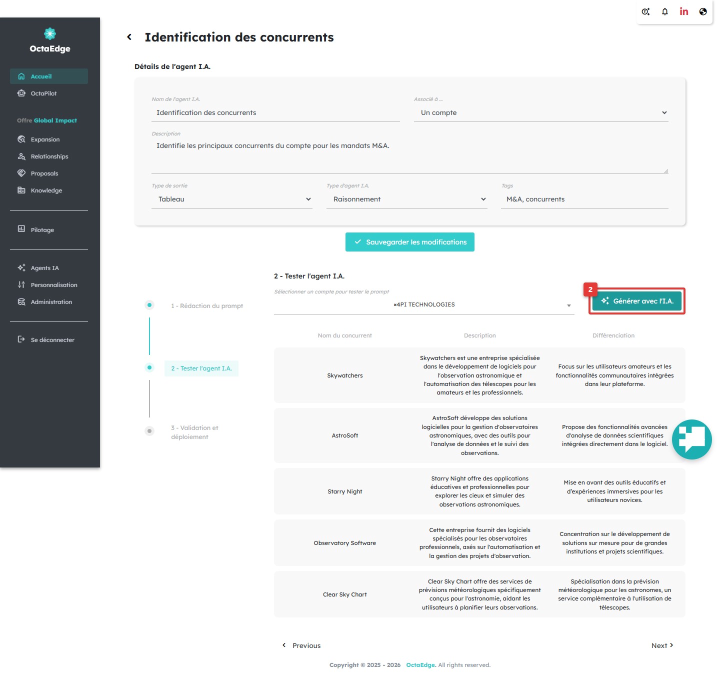 Étape de test de l'agent IA sur un compte exemple.