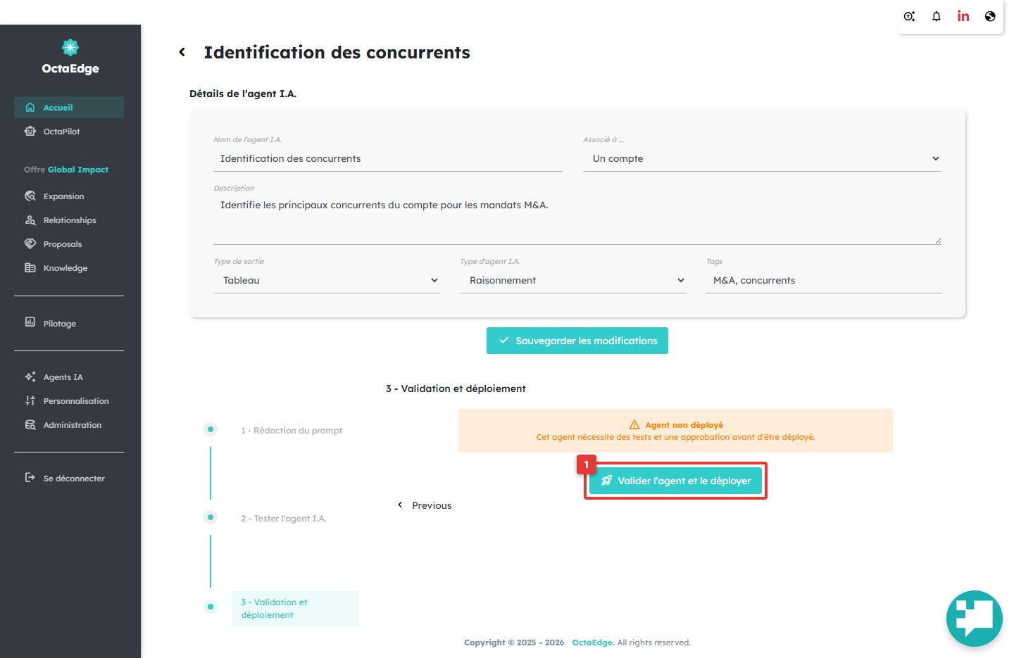 Étape de validation et déploiement de l'agent IA custom.