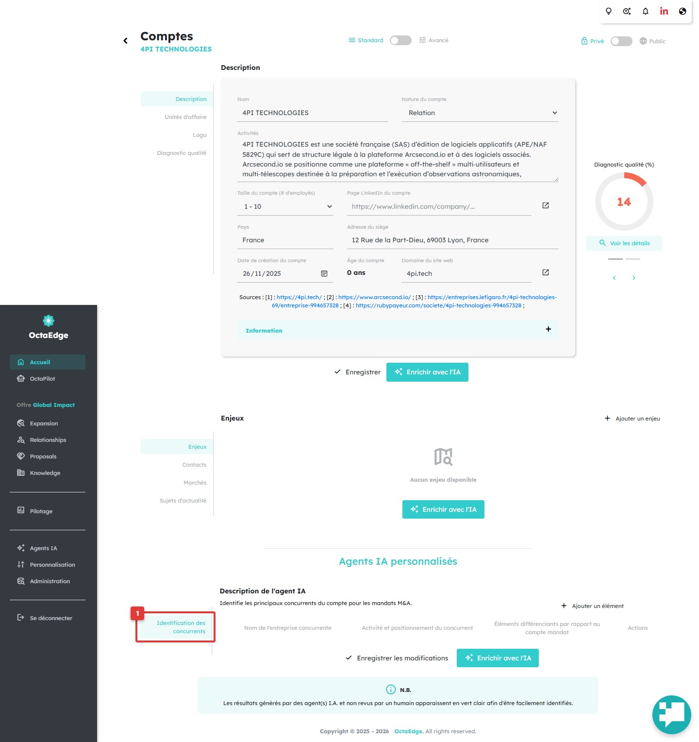 Fiche compte — section Custom AI Agents avec l'onglet concurrents.