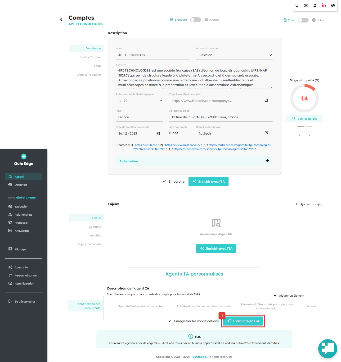 Bouton Enrichir avec l'IA pour lancer l'agent concurrents sur le compte.