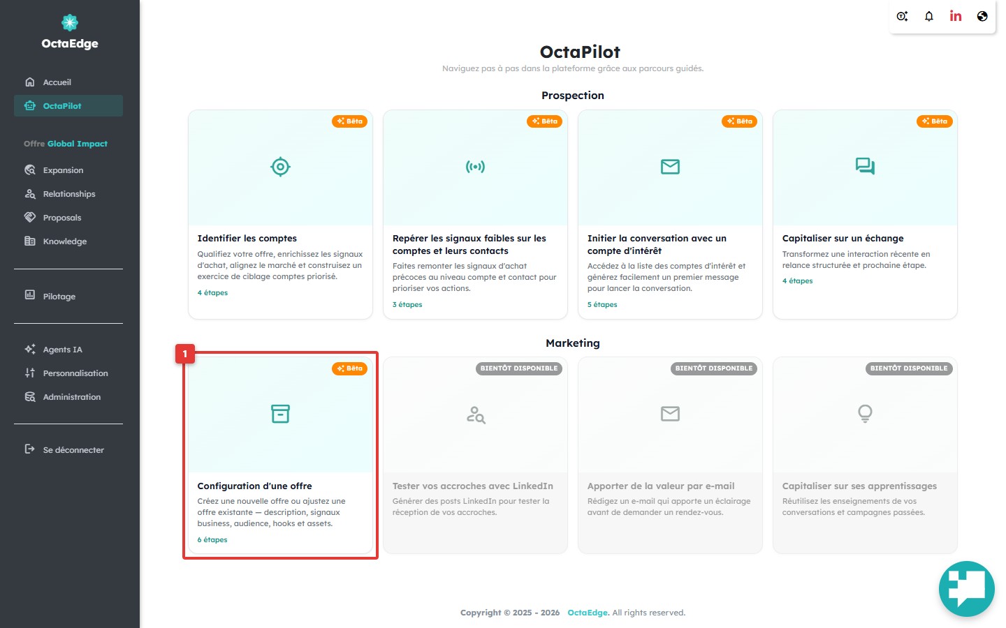 OctaPilot — catalogue workflows, carte Configuration d'une offre.