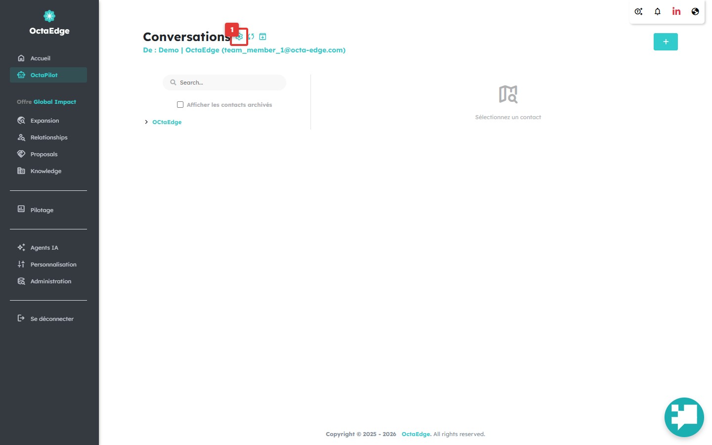 Module Conversations — accès aux paramètres e-mail.