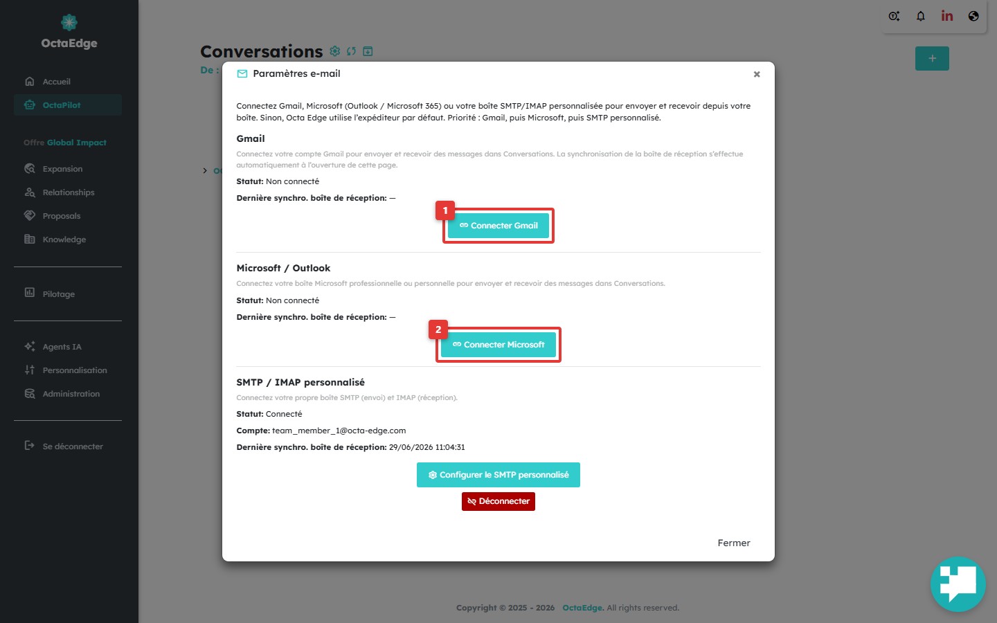 Modal paramètres e-mail — connexion Gmail ou Microsoft.