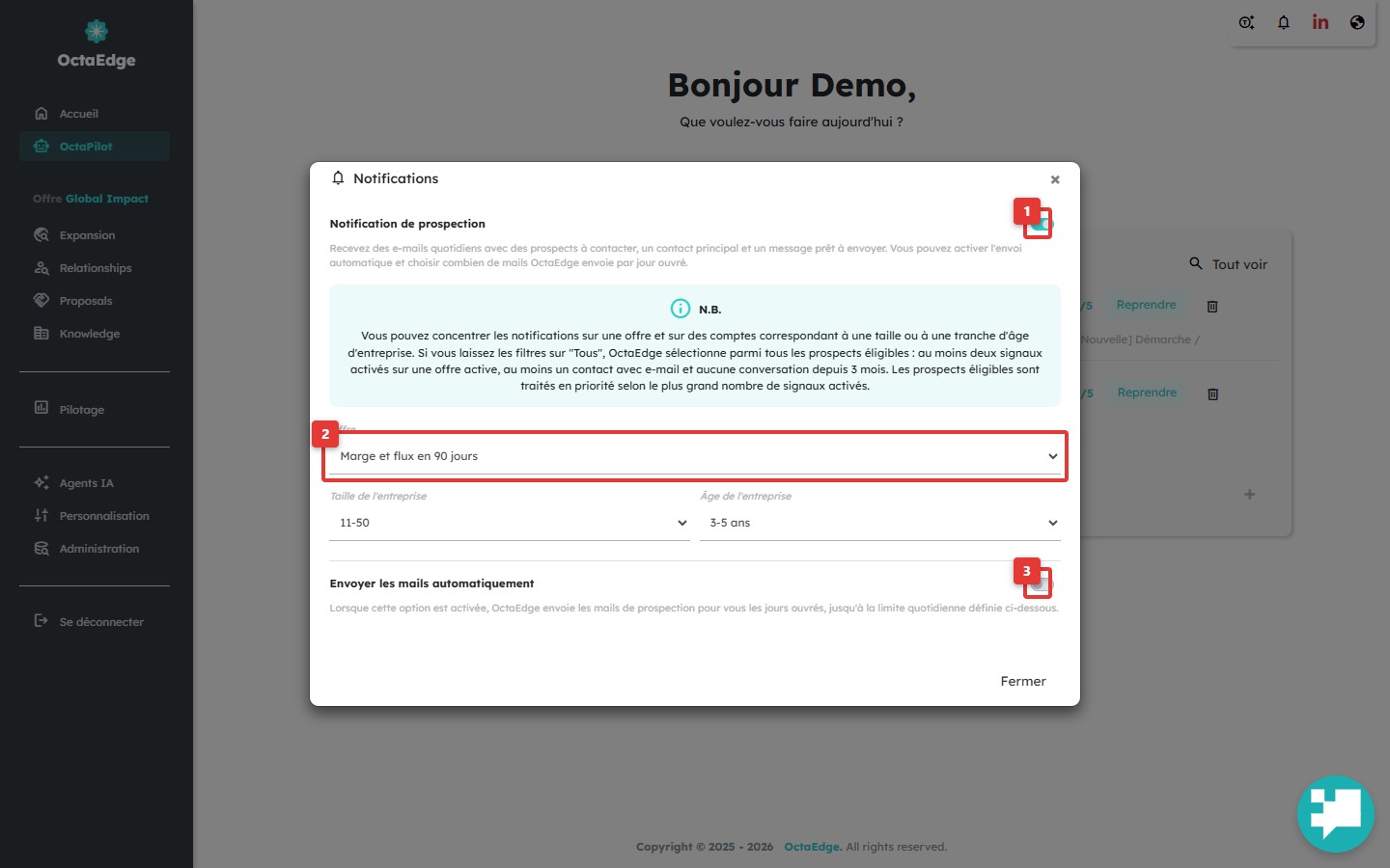 Modal Notifications — prospection, offre, envoi auto et limite quotidienne.