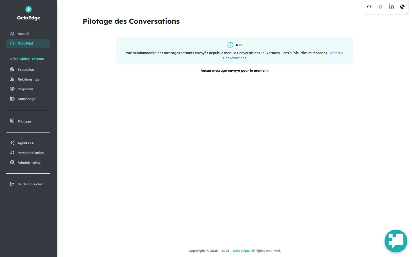 Suivi des conversations — tendance hebdomadaire et tableau des envois.