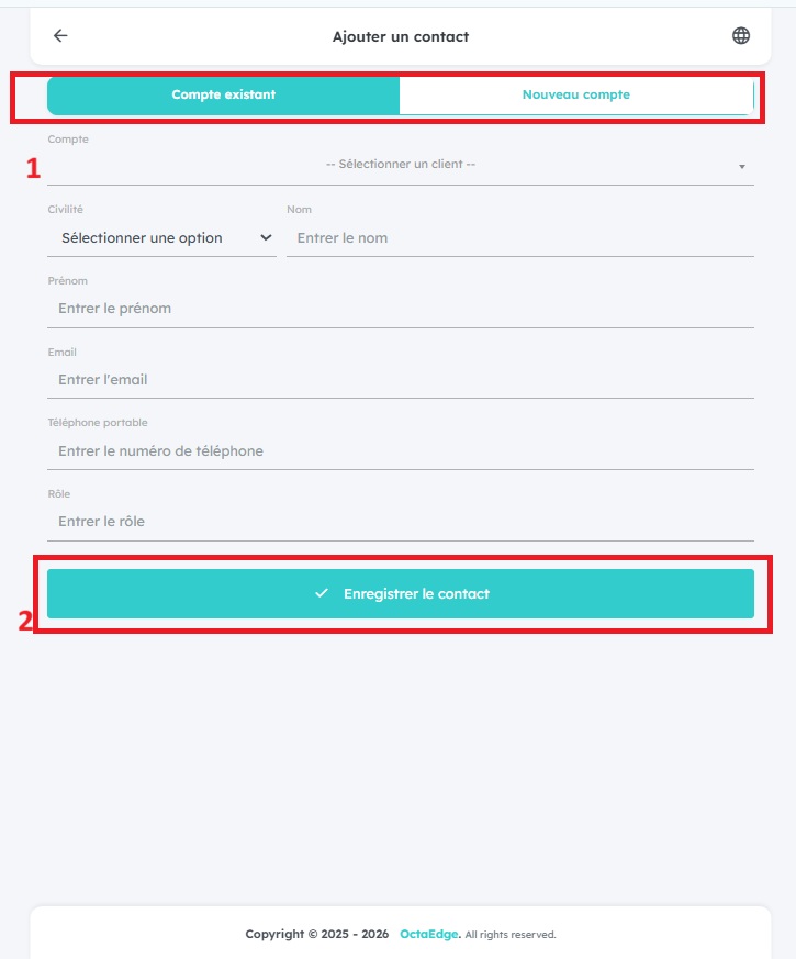 Écran OctaEdge En déplacement : formulaire Ajouter un contact (compte existant ou nouveau).