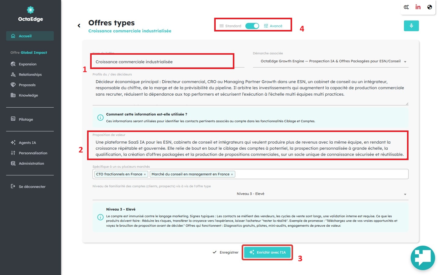 Écran OctaEdge : fiche offre type structurée pour une campagne de contenu.