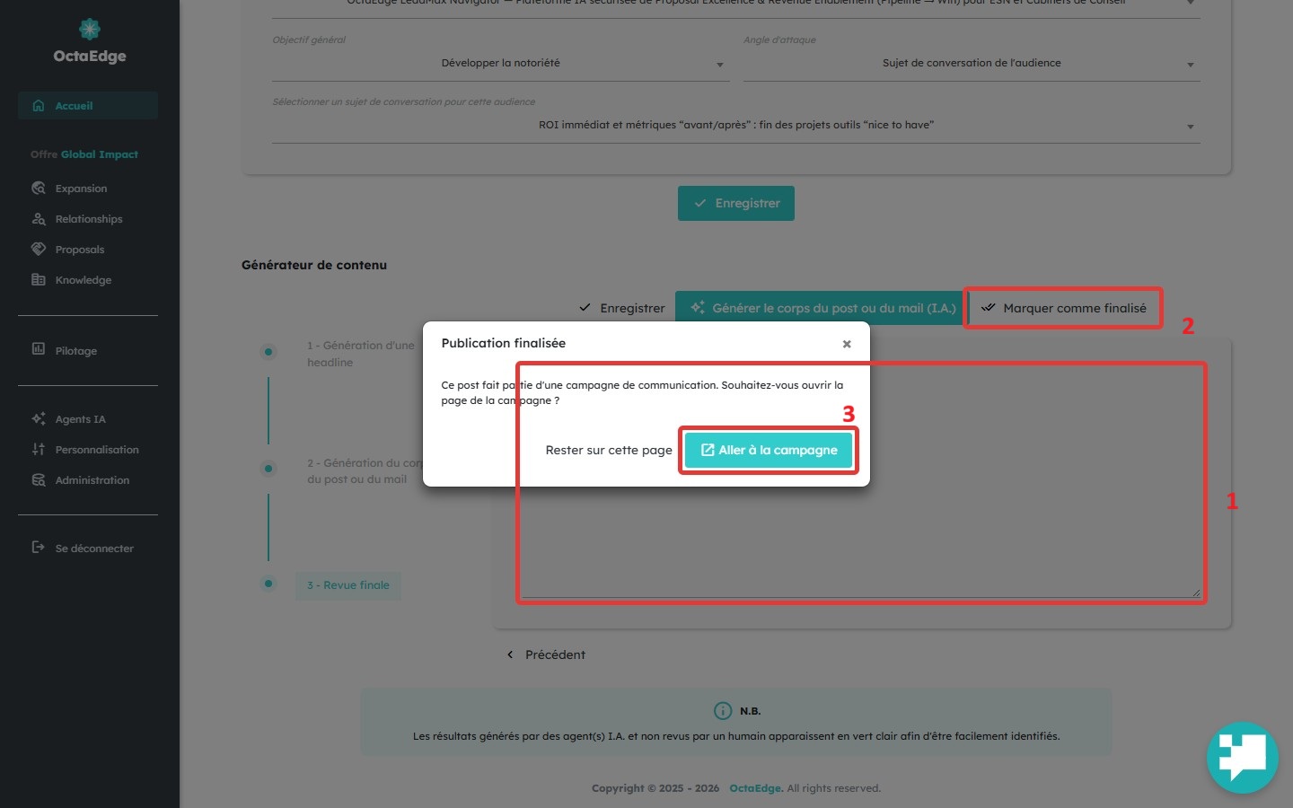 Étape 3 — finalisation du post et retour vers la campagne.