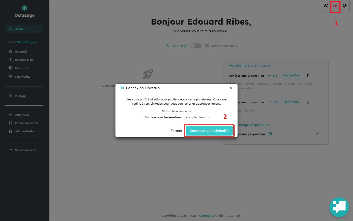 Barre de navigation OctaEdge : icône LinkedIn et modal de connexion du compte.