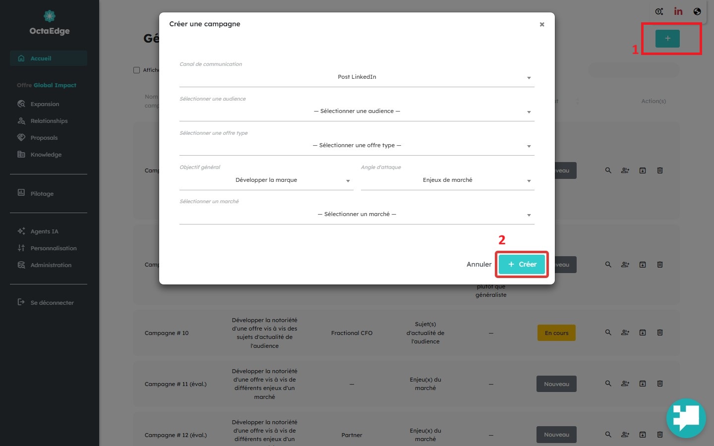Module génération de campagnes : création d'une campagne LinkedIn post avec offre, marché ou audience et périmètre.