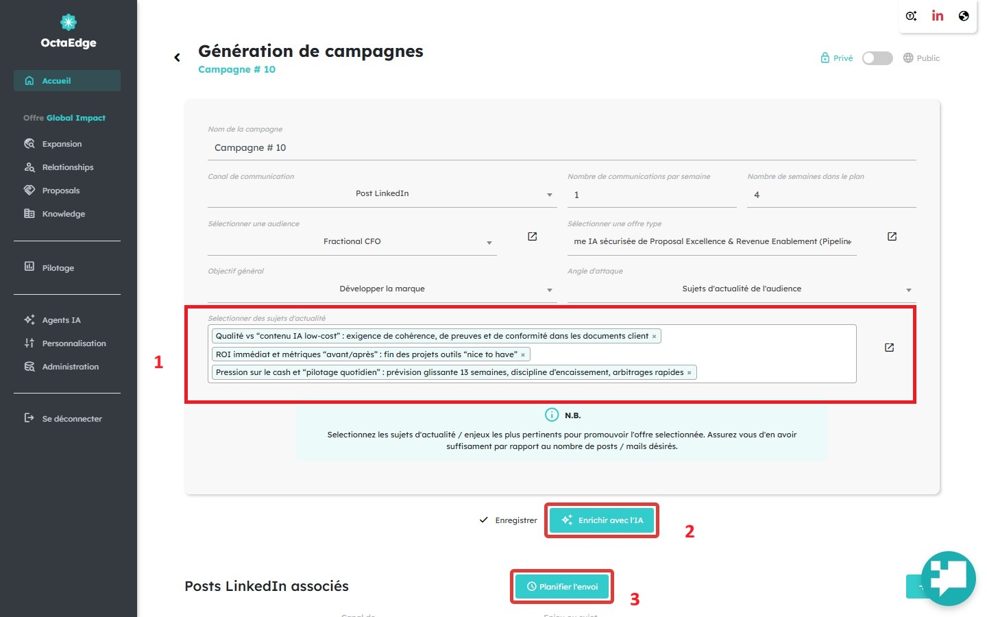 Détail campagne : liste des brouillons de posts générés et enrichis par l'IA.