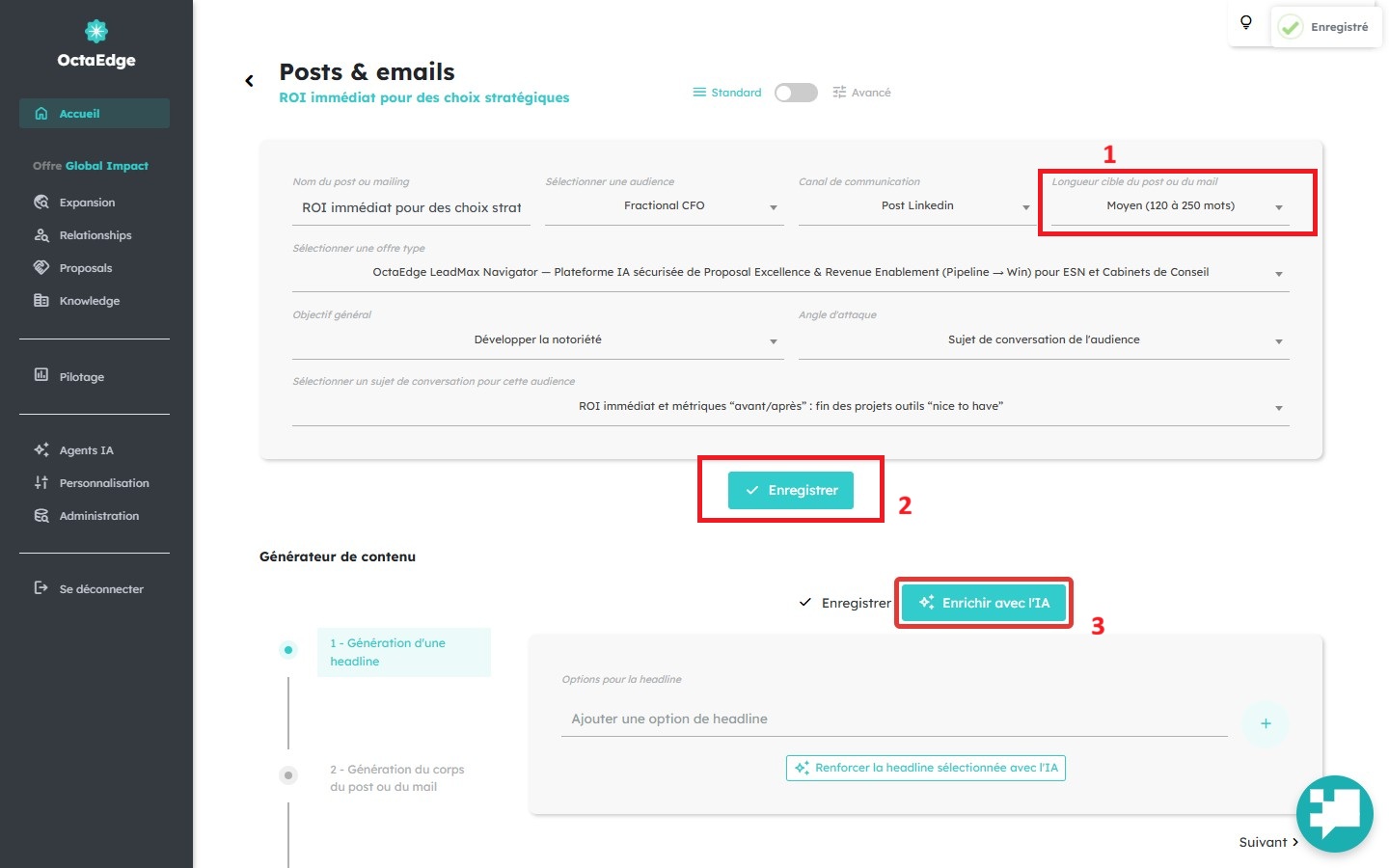 Étape 1 — génération de la headline (hook) : options proposées par l'IA.