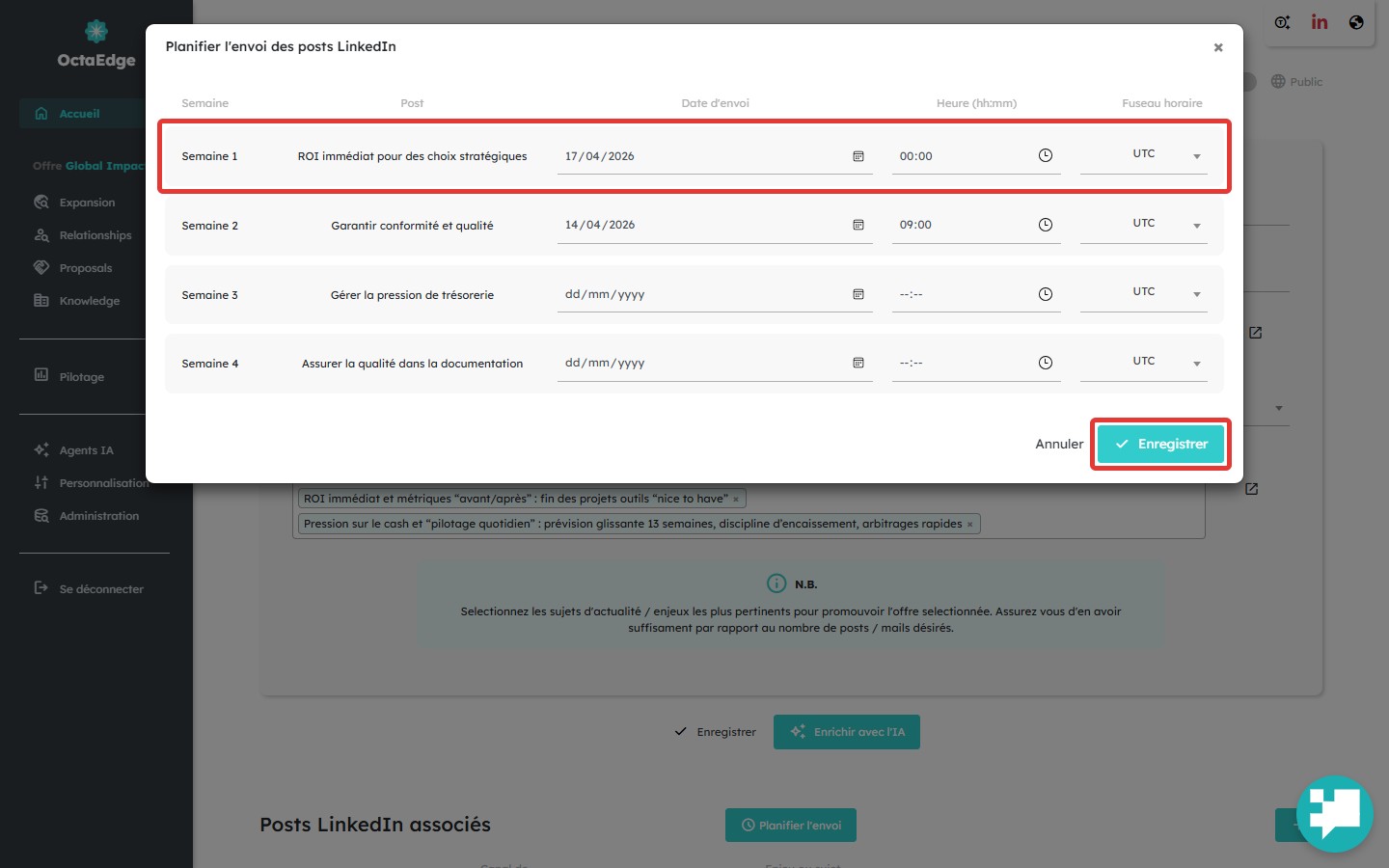 Modal planifier l'envoi : date, heure, fuseau et option complétion auto par post.