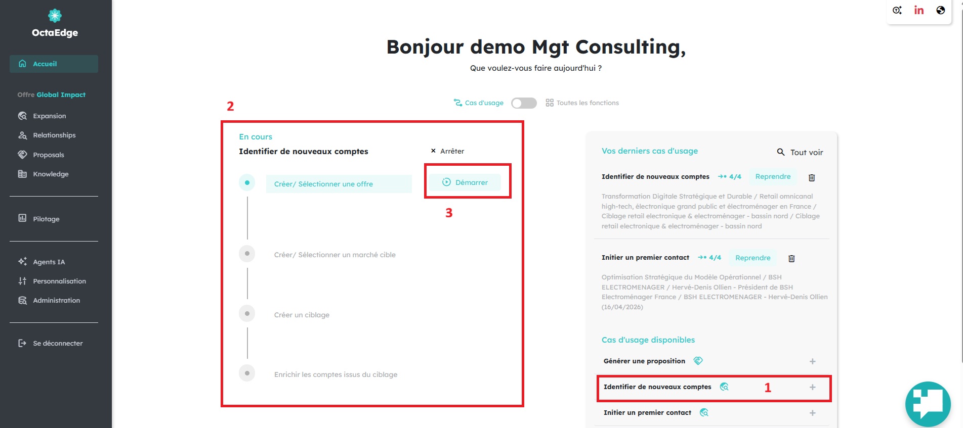 Écran d'accueil OctaEdge : vue Cas d'usage avec le bouton Démarrer sur le cas d'usage Identifier de nouveaux comptes.