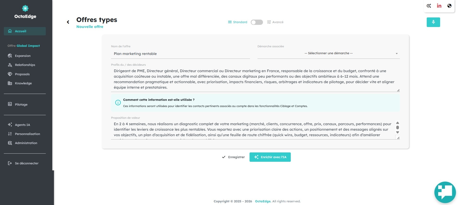 Écran OctaEdge : offre type stratégie marketing — proposition de valeur et profils enrichis par l'IA.