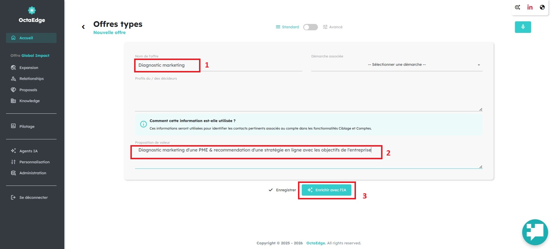 Écran OctaEdge : offre type stratégie marketing — saisie initiale avant enrichissement IA.