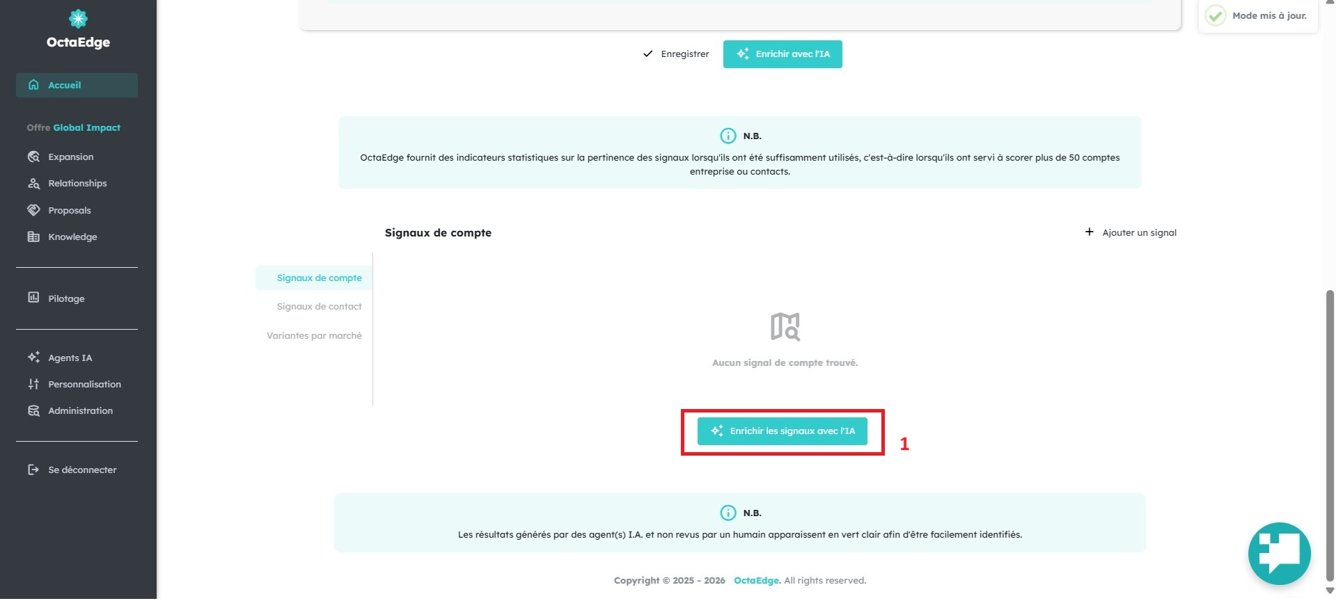 Écran OctaEdge : signaux de compte — état initial avant enrichissement IA.