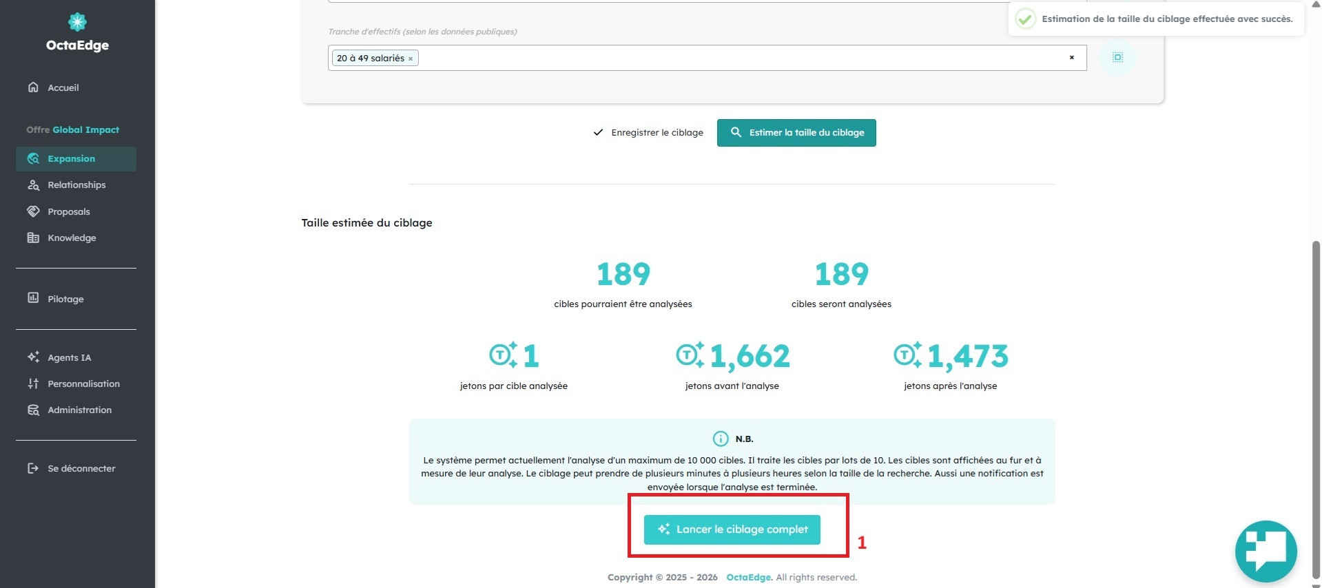 Écran OctaEdge : résultats du ciblage — comptes cosmétiques qualifiés et signaux activés.