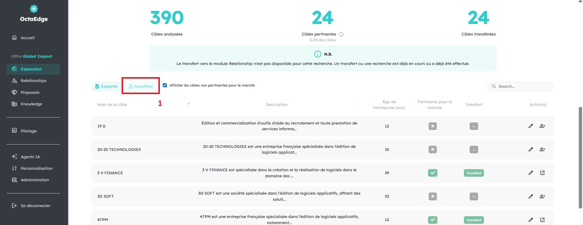 Écran OctaEdge : transfert des leads vers le CRM Relationship avec scoring des signaux pour l'offre stratégie marketing.